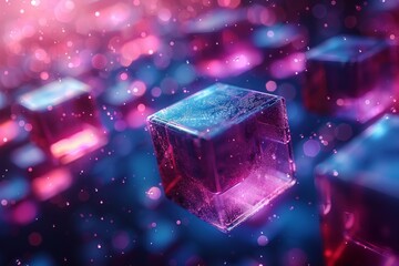 Poster - Detailed image of a single glittering cube with a backdrop of radiant bokeh lights, symbolizing clarity and focus