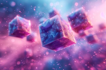 Poster - Single cube in sharp focus surrounded by blurred cubes and a dreamy, particle-filled cosmic background with vibrant colors