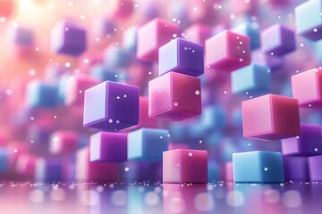 Poster - Geometric shapes levitating in a soft, pastel-hued environment create a calm, minimalist and modern digital art atmosphere