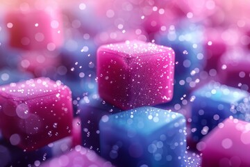 Poster - A vivid display of sparkling 3D cubes with a dreamy bokeh background in pink and blue