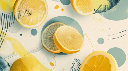 Abstract poster design featuring floating lemon slices and abstract shapes