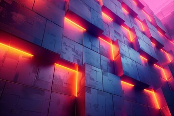 Poster - A modern abstraction, this image depicts an edgy wall with glowing neon accents, expressing dynamic tension