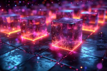 Poster - An array of glowing neon cubes casting vibrant lights on a reflective tiled floor creating a futuristic atmosphere