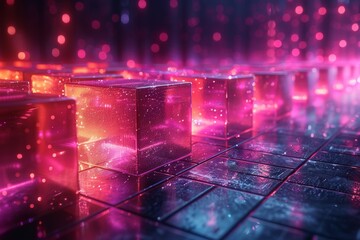 Poster - Shimmering neon blocks aligned on a pathway glowing with radiant pink and blue lights adding depth and dimension