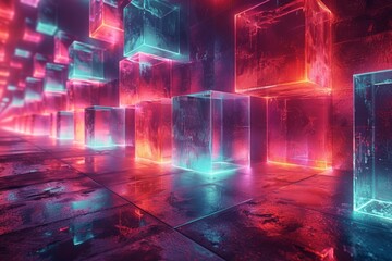 Poster - Abstract neon-lit blocks projecting an aura of mystery and futuristic technology in a surreal environment