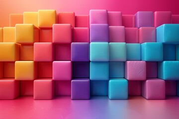 Poster - An eye-catching image featuring a wall of 3D cubes with a smooth gradient from purple to orange set against a pink background The image has a modern and playful feel