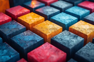 Poster - This image showcases a visually pleasing pattern of colorful, glossy 3D cubes with a detailed texture, highlighting reflections and depth