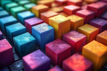 Poster - A close-up of multi-colored 3D blocks with water droplets adding texture and depth to the image