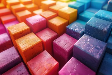Poster - Sunlit textured cubes in various colors arranged geometrically casting colorful shadows