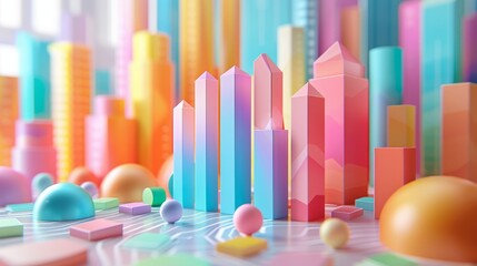 Wall Mural - A colorful cityscape with buildings of different colors and sizes. The buildings are made of blocks and spheres, and the city is full of life and energy