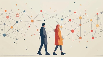 Two people walking with a lot of lines and dots. The lines and dots represent a network of connections