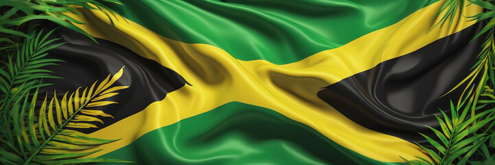 Canvas Print - The waving flag of Jamaica against the background of the nature of Jamaica. Jamaica's Independence Day