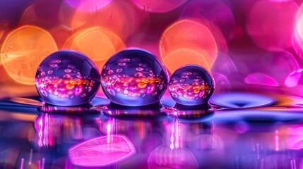 Sticker -   Three glass balls atop a table against a purple-pink backdrop with recessive lighting