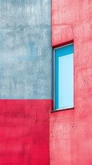 Poster - A close-up of an architectural feature with a single blue window on a textured red and gray wall