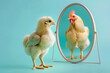 Chicken in front of the mirror with reflection of rooster. AI generative art	