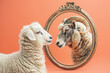 Lamb in front of the mirror with reflection of ram. AI generative art	