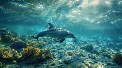 Wall Mural - A dolphin swims in the ocean with the sun shining on it. The water is clear and the fish are swimming around