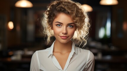 Wall Mural - Attractive woman with curly hair and makeup