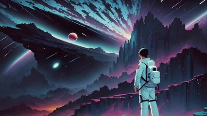 Wall Mural - Astronaut exploring an alien planet, surrealistic animation. Dreamy cosmic animation, big planet on horizon, illustrations transformations and metamorphose. AI generated video