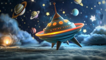 Wall Mural - 3d model of a launching space rocket on a decorative background of a space sky with stars and planets