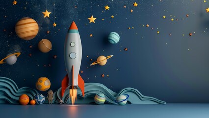 3d model of a launching space rocket on a decorative background of a space sky with stars and planet