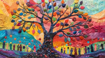 a colorful tree with many leaves and people hanging from it. the people are of different colors and 
