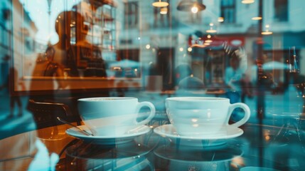 Wall Mural - Double exposure of spinning coffee cups and a bustling cafe scene