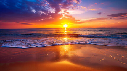 Golden tropical sunset on beach with gentle waves. Coastal paradise concept.