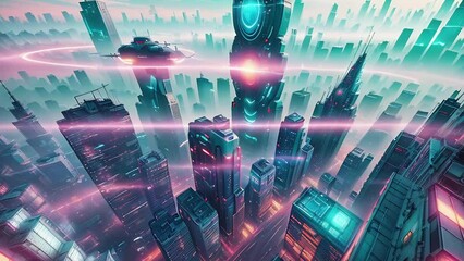 Wall Mural - Futuristic urban animation of cyberpunk cityscape with high skyscrapers aerial view. Steampunk cityscape animation with illustrations transformations, music visualization. AI generated video