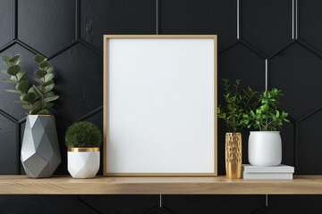 Wall Mural - Empty white poster frame mockup on wooden shelf, trapezoid pattern. Modern bedroom interior design with black walls and home decorations. Generative AI