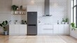 © Tida - Trendy kitchen setup with elegant black fridge - A contemporary kitchen interior featuring a stylish black refrigerator and white cabinets