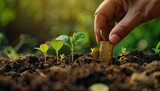 Fototapeta Motyle - Hand putting stack of coins into growing tree seedlings on soil with blur background