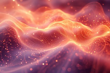 Fototapete - The image captures a warm, abstract background featuring delicate particles that seem to dance across a wavelike pattern
