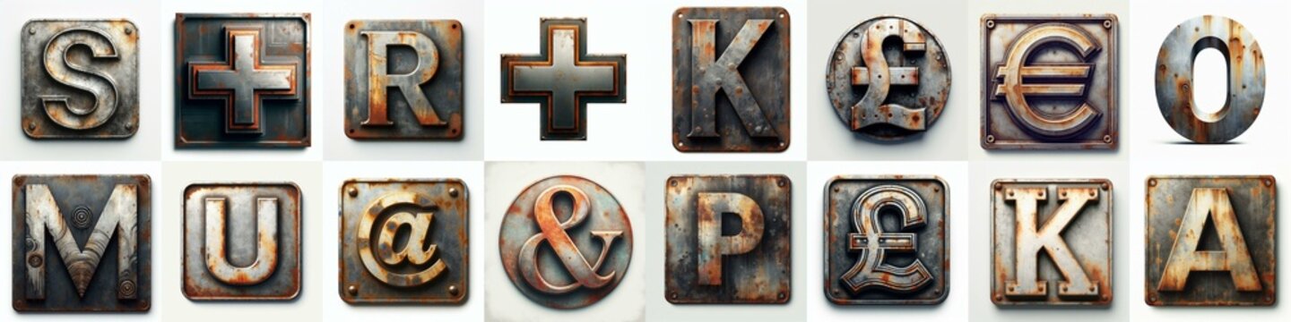Meatal grange and rusty Lettering Typeface. AI generated illustration
