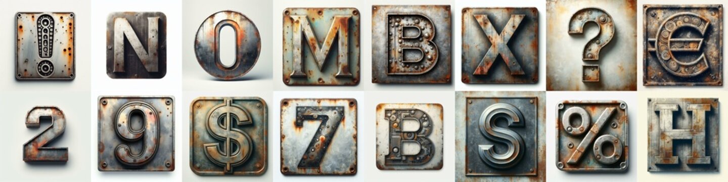 Meatal grange and rusty Lettering Typeface. AI generated illustration