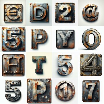 Meatal grange and rusty Lettering Typeface. AI generated illustration