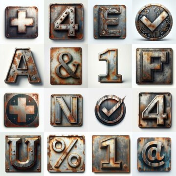 Meatal grange and rusty Lettering Typeface. AI generated illustration