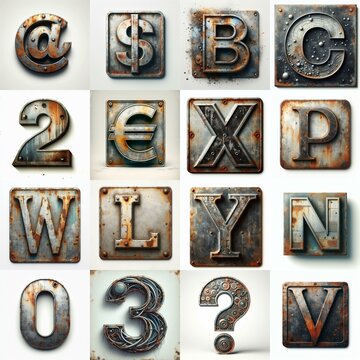 Meatal grange and rusty Lettering Typeface. AI generated illustration