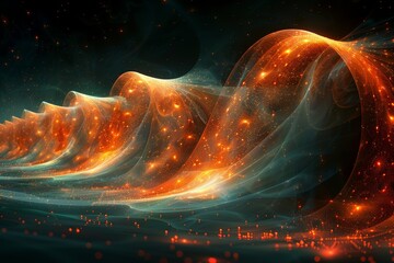 Poster - An abstract digital wave in golden hues enhanced by sparkling particles and dynamic movement