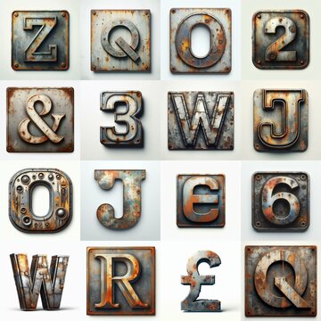 Meatal grange and rusty Lettering Typeface. AI generated illustration