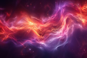 Poster - Vibrant, abstract depiction of space with swirling nebula patterns and hues of orange and purple creating a cosmic scene