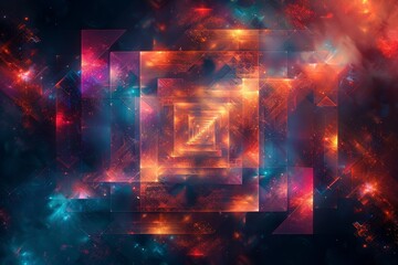 Poster - This digital artwork shows a cosmic tunnel with geometric shapes and a vibrant clash of warm and cool tones