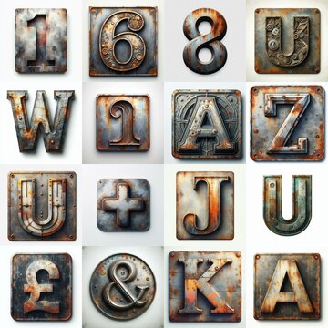 Meatal grange and rusty Lettering Typeface. AI generated illustration