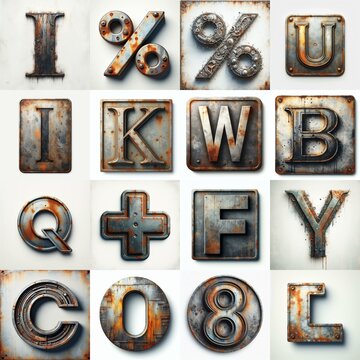 Meatal grange and rusty Lettering Typeface. AI generated illustration