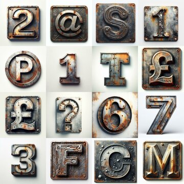 Meatal grange and rusty Lettering Typeface. AI generated illustration