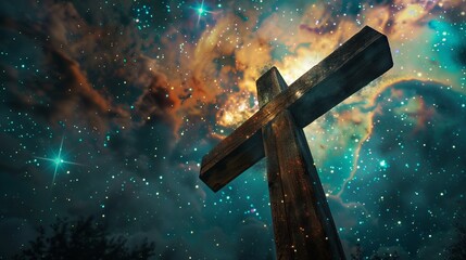 Mystical double exposure of a cross and a galaxy of stars suggesting the cosmic significance of Christ's sacrifice