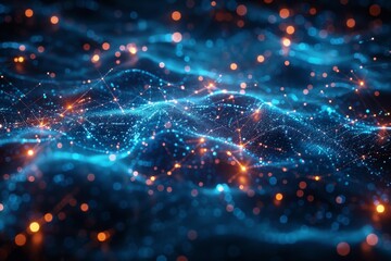 Poster - Vivid image representing a network of connections with glowing particles and lines on a dark blue background