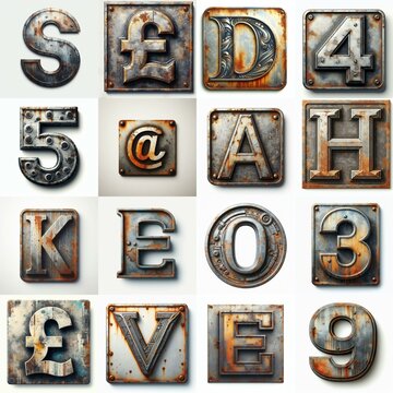 Meatal grange and rusty Lettering Typeface. AI generated illustration