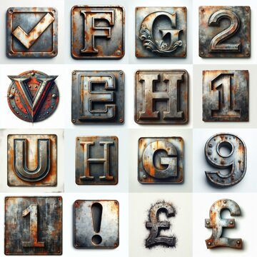 Meatal grange and rusty Lettering Typeface. AI generated illustration