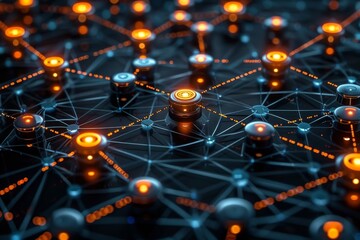 Poster - Digital network of nodes with luminous lines and orange highlights representing connectivity